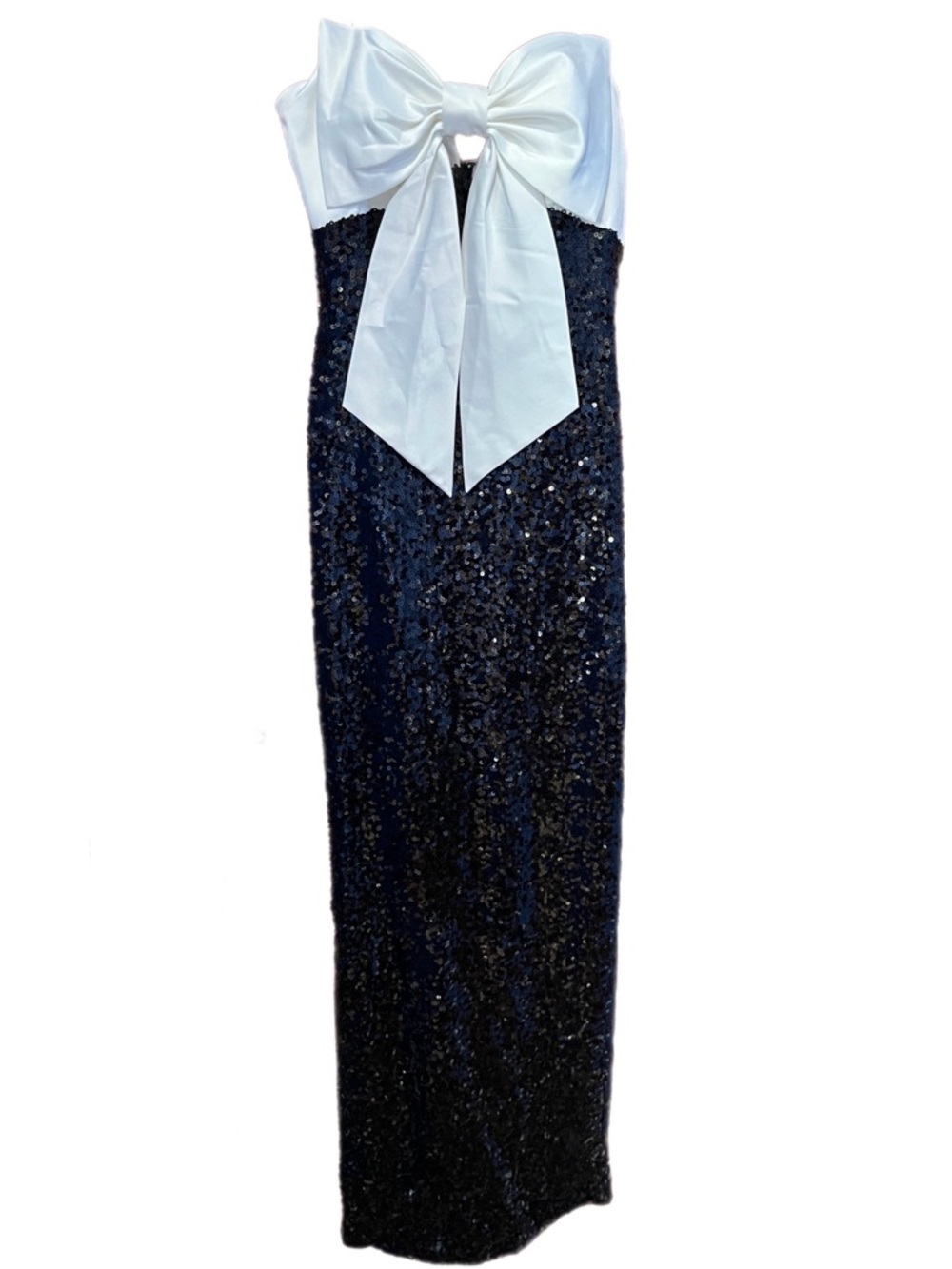 Macy's Navy Sequin Strapless Gown with White Bow